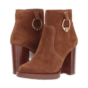 $500 TORY BURCH Sofia Lug Sole Suede Mid-heel Booties LOGO Brown 10.5 (MG24)